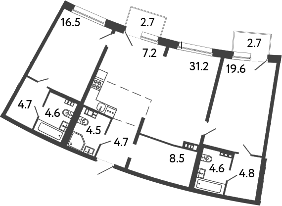 Планировка: 3Е-к.кв · 112,52 м²
