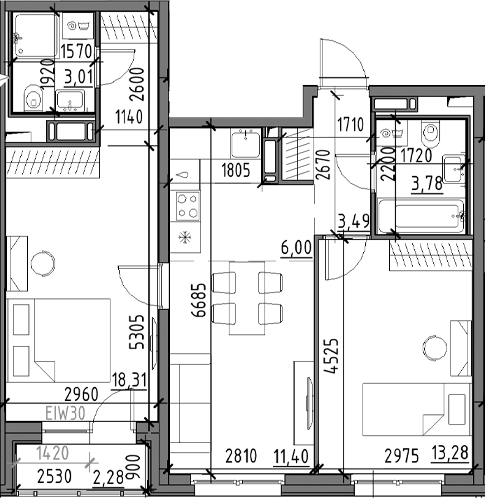 Планировка: 3Е-к.кв · 60,46 м²