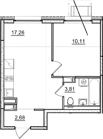 Планировка: 2Е-к.кв · 33,86 м²