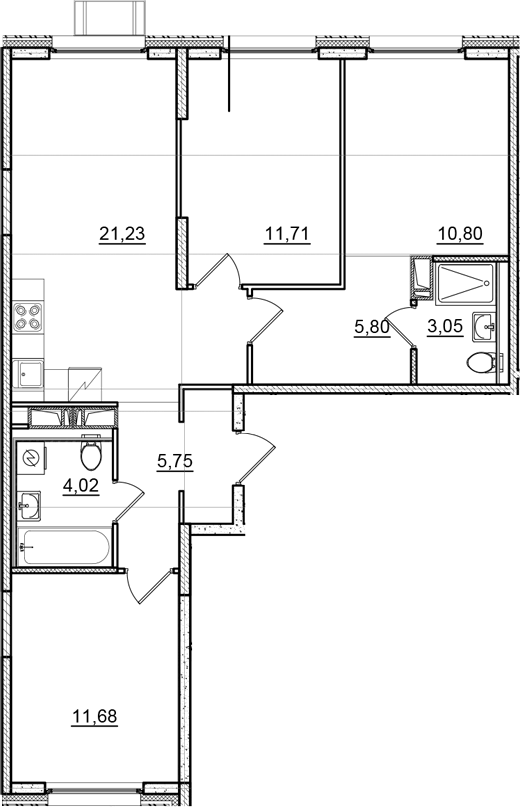 Планировка: 4Е-к.кв · 74,04 м²