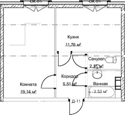 Планировка: 1 комната · 42,8 м²