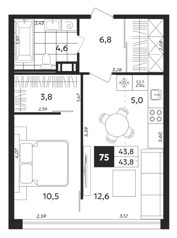 Планировка: 1 комната · 43,8 м²