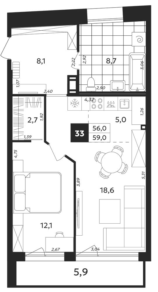 Планировка: 1 комната · 59 м²