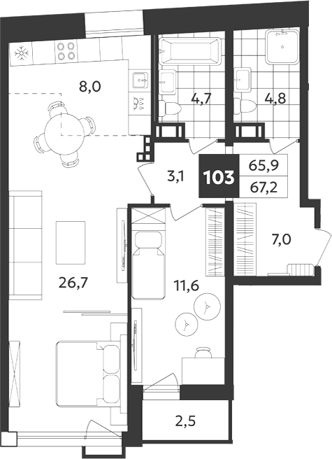 Планировка: 2Е-к.кв · 67,15 м²