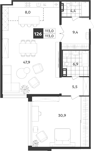 Планировка: 2Е-к.кв · 113 м²
