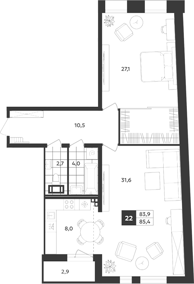 Планировка: 2 комнаты · 85,4 м²