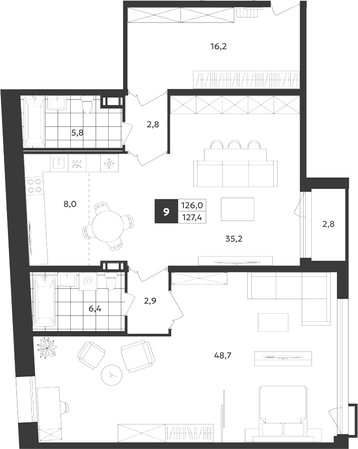 Планировка: 2 комнаты · 127,4 м²