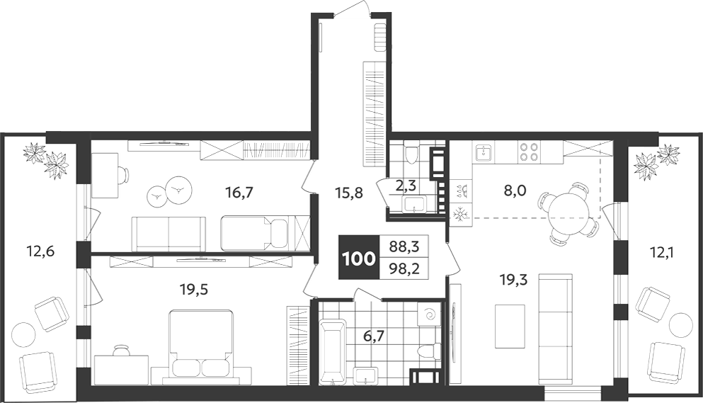 Планировка: 3Е-к.кв · 98,23 м²
