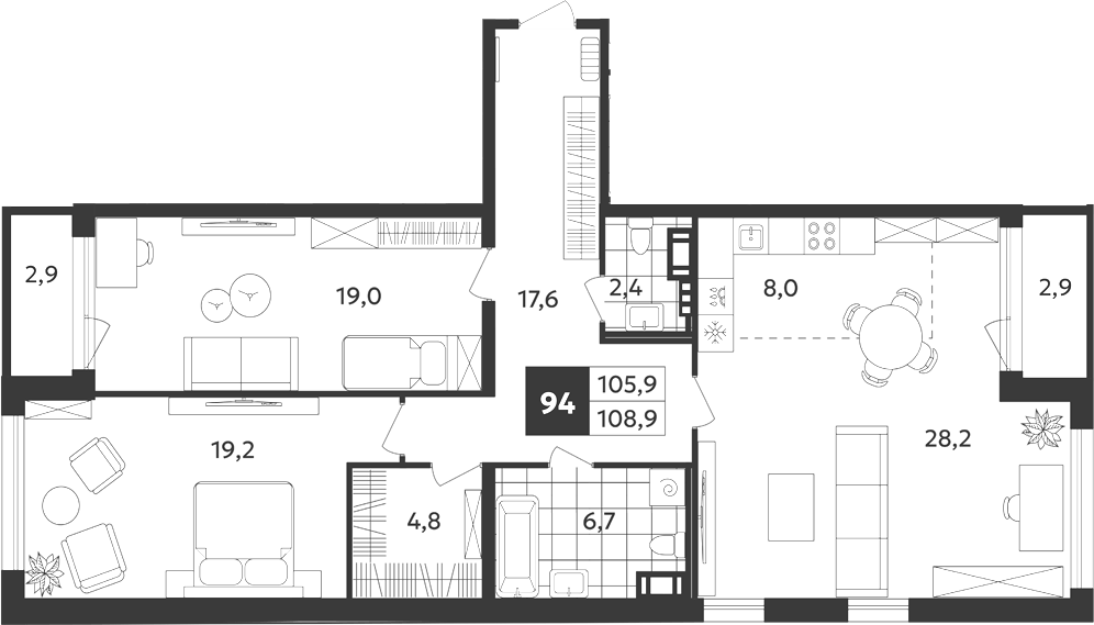 Планировка: 3Е-к.кв · 108,8 м²