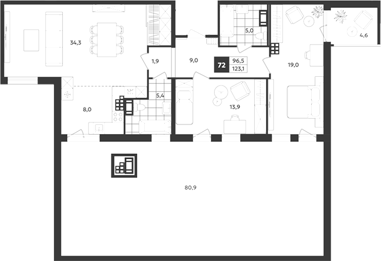 Планировка: 3Е-к.кв · 123,1 м²