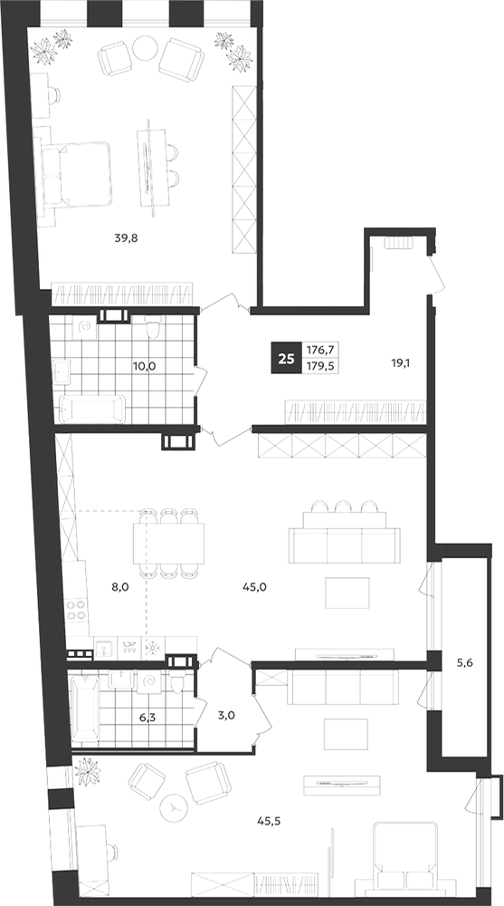 Планировка: 3 комнаты · 179,5 м²