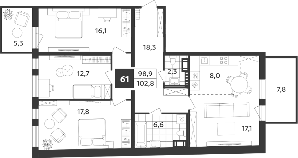 Планировка: 4Е-к.кв · 102,8 м²