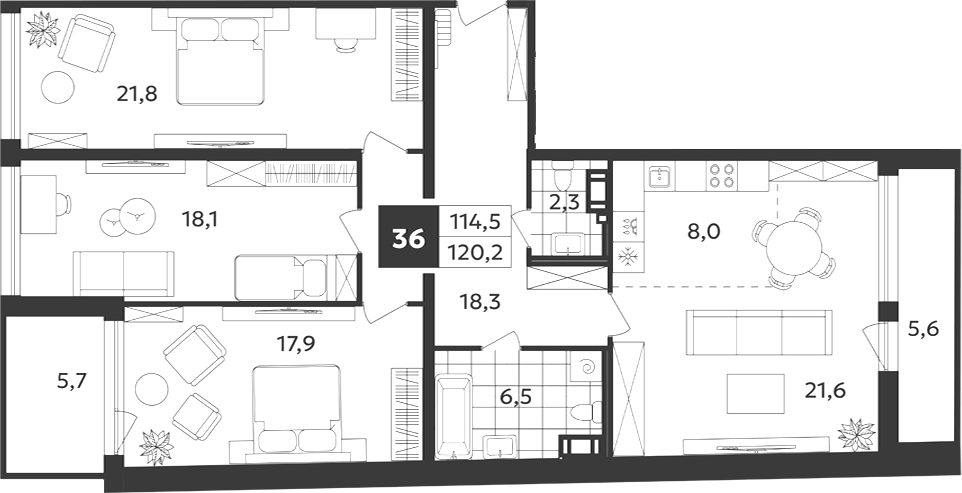 Планировка: 4Е-к.кв · 120,2 м²