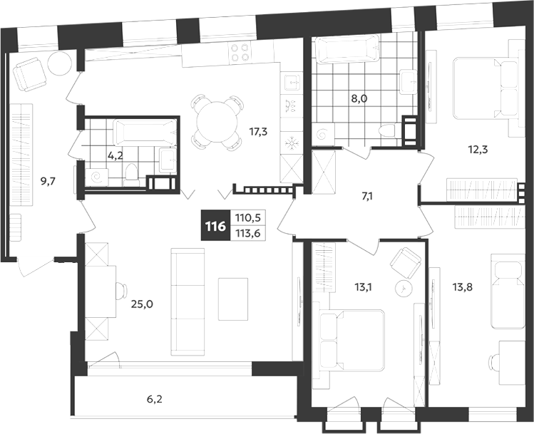 Планировка: 5Е-к.кв · 113,6 м²