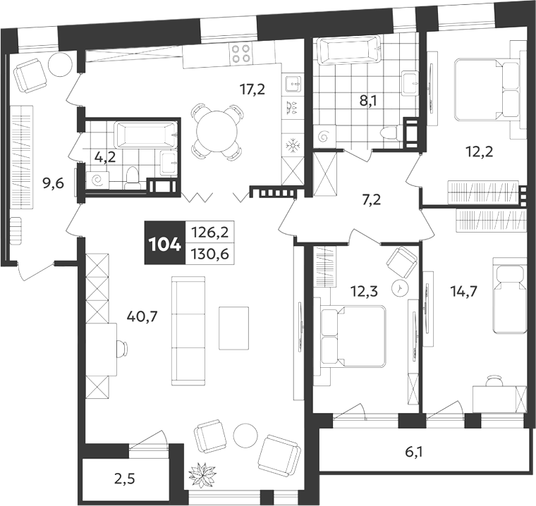 Планировка: 5Е-к.кв · 130,5 м²