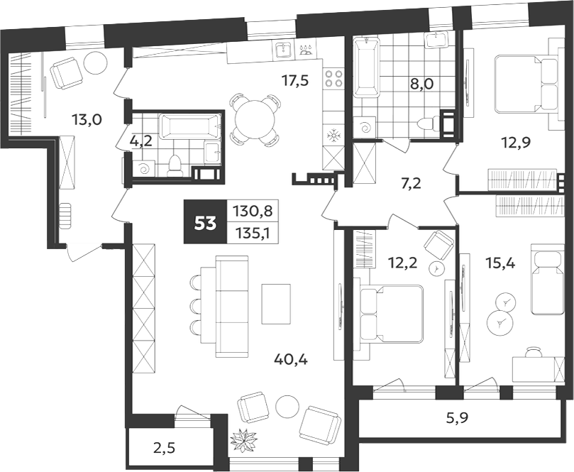 Планировка: 5Е-к.кв · 135,1 м²