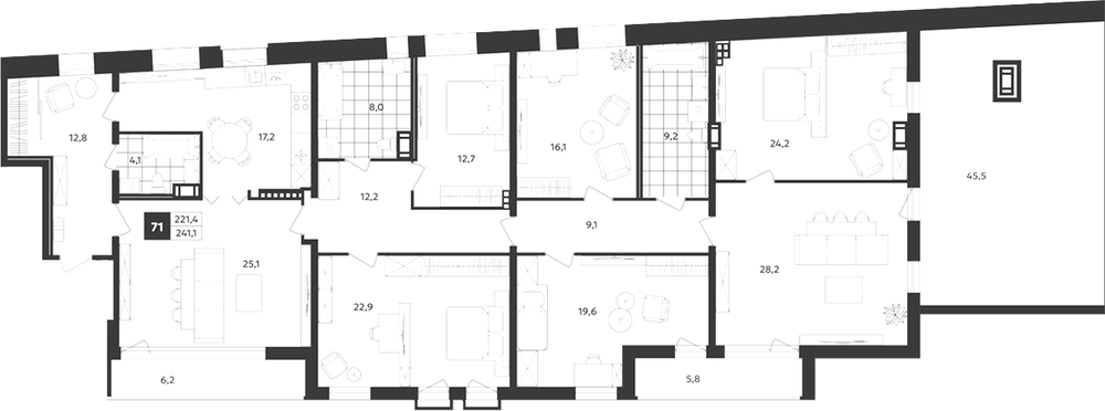 Планировка: 4+ комнаты · 241,1 м²