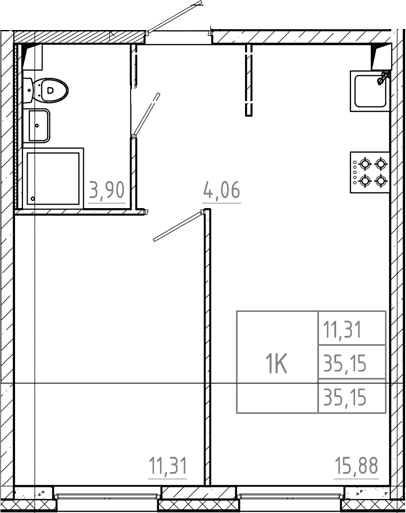 Планировка: 1 комната · 35,15 м²