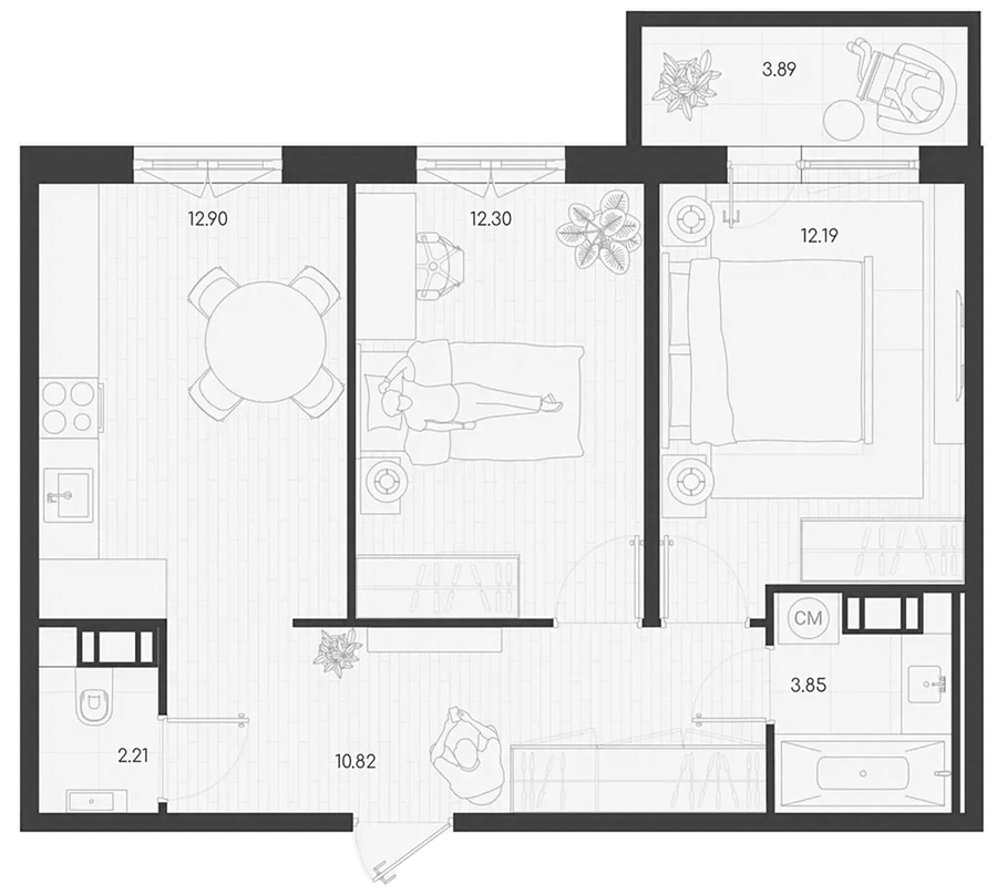 Планировка: 2 комнаты · 54,18 м²
