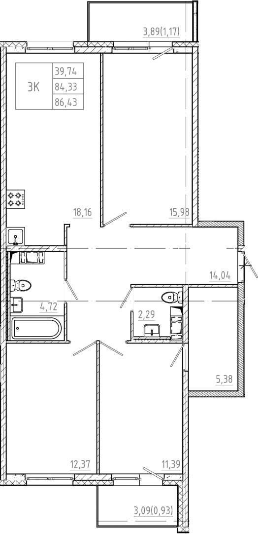 Планировка: 3 комнаты · 86,43 м²