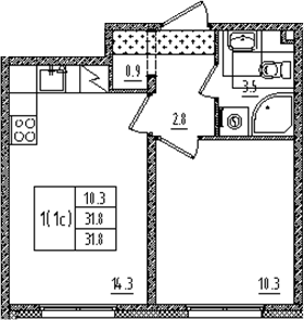 Планировка: 2Е-к.кв · 31,8 м²