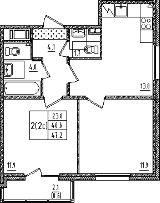 Планировка: 3Е-к.кв · 47,2 м²