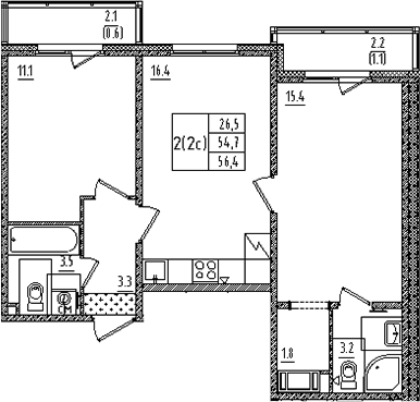 Планировка: 3Е-к.кв · 56,4 м²