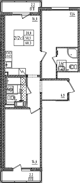 Планировка: 3Е-к.кв · 60,3 м²