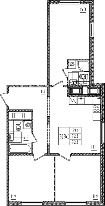 Планировка: 4Е-к.кв · 72,2 м²