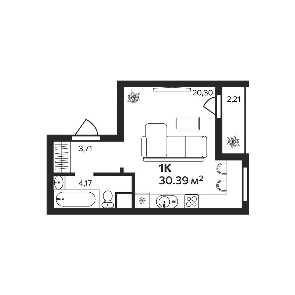 Планировка: Студия · 30,39 м²