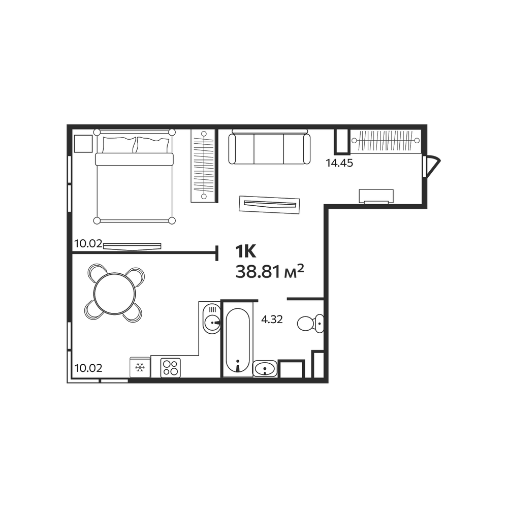 Планировка: 1 комната · 38,81 м²