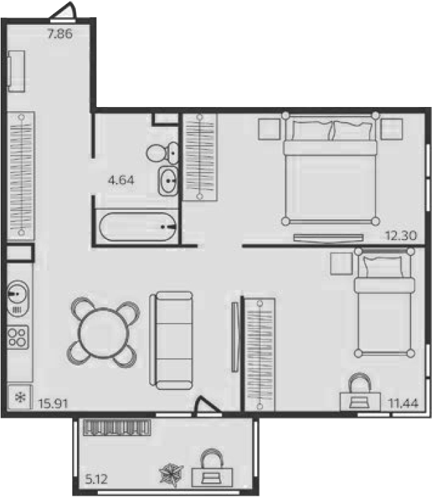 Планировка: 2 комнаты · 53,69 м²