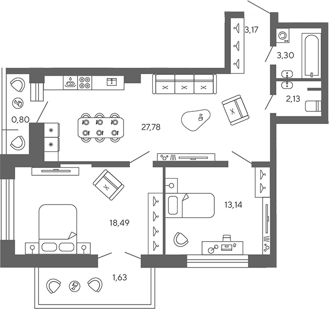 Планировка: 3Е-к.кв · 70,44 м²