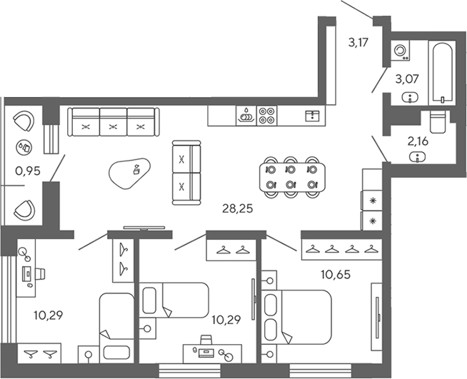 Планировка: 3 комнаты · 68,83 м²