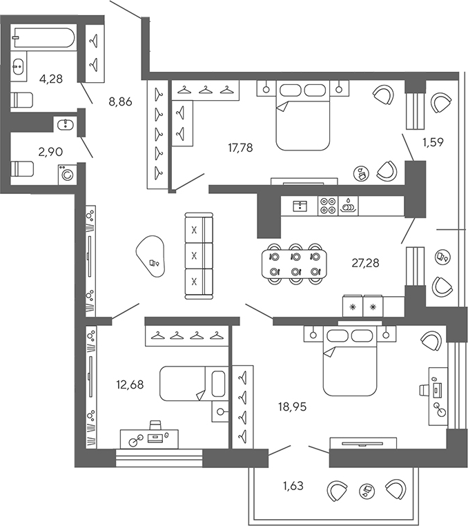 Планировка: 4Е-к.кв · 95,95 м²