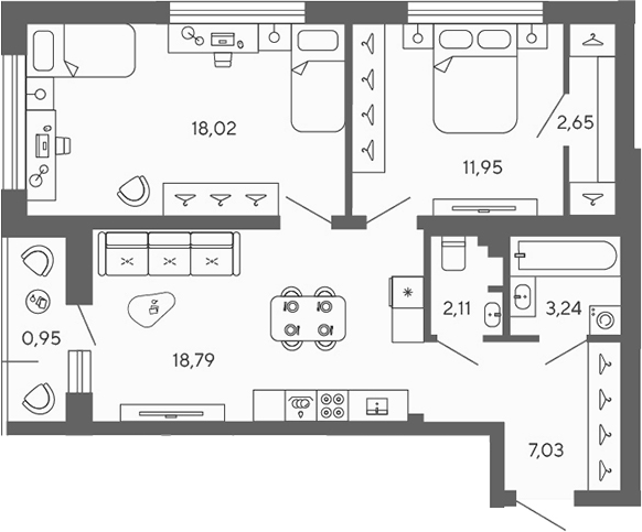 Планировка: 2 комнаты · 64,74 м²