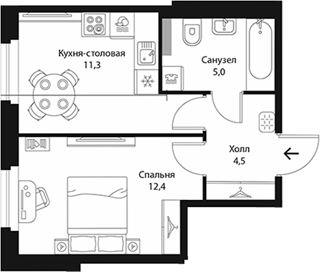 Планировка: 1 комната · 33,2 м²