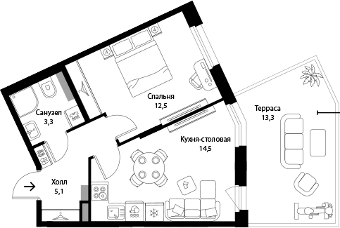 Планировка: 1 комната · 39,39 м²