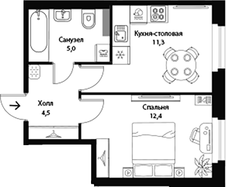 Планировка: 1 комната · 33,2 м²