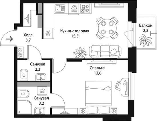 Планировка: 2Е-к.кв · 38,8 м²