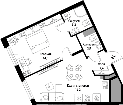 Планировка: 2Е-к.кв · 39,1 м²