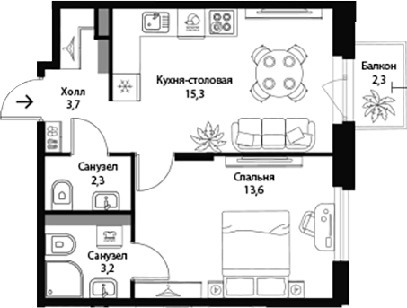 Планировка: 2Е-к.кв · 38,8 м²