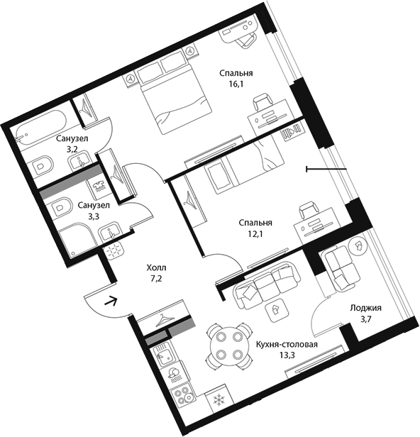 Планировка: 2 комнаты · 57,05 м²