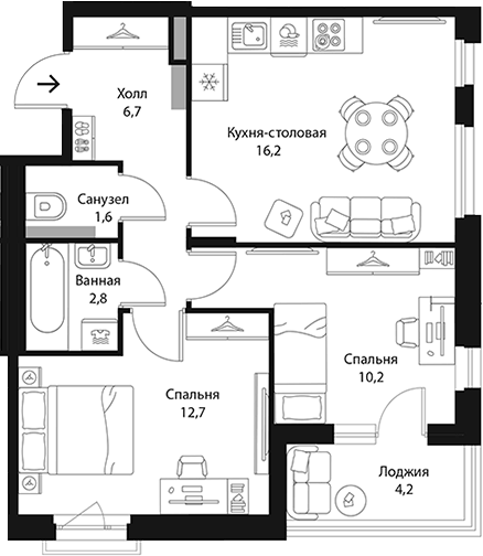 Планировка: 3Е-к.кв · 52,3 м²
