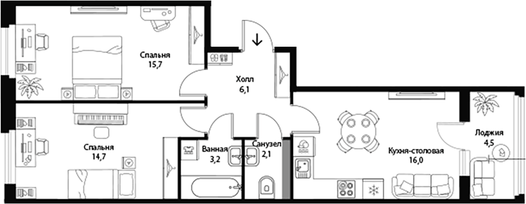 Планировка: 3Е-к.кв · 60,1 м²
