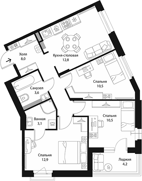 Планировка: 3 комнаты · 63,5 м²