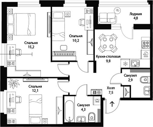 Планировка: 3 комнаты · 64,4 м²