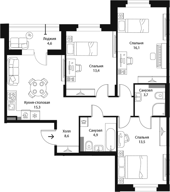 Планировка: 4Е-к.кв · 77,8 м²