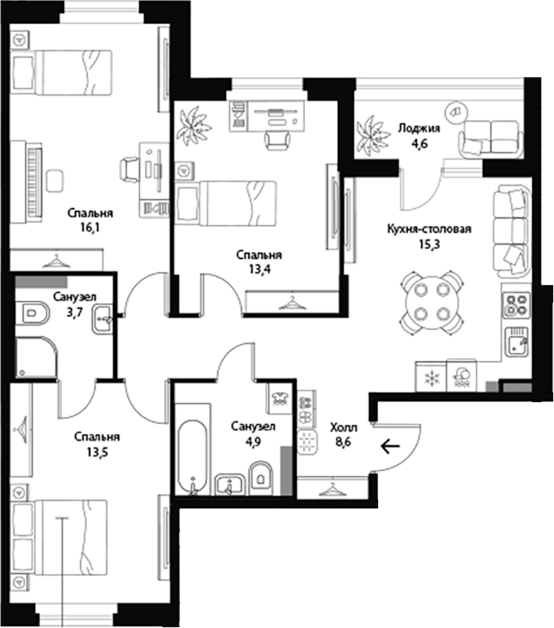 Планировка: 4Е-к.кв · 77,8 м²