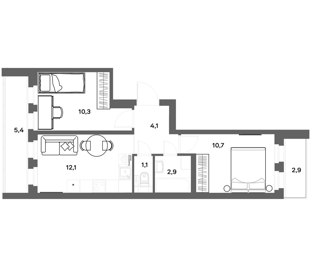 Планировка: 3Е-к.кв · 43,69 м²